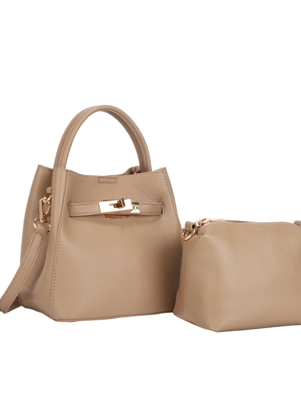 Classic Vegan Leather Mini Tote with Removable Pouch, Taupe Color
